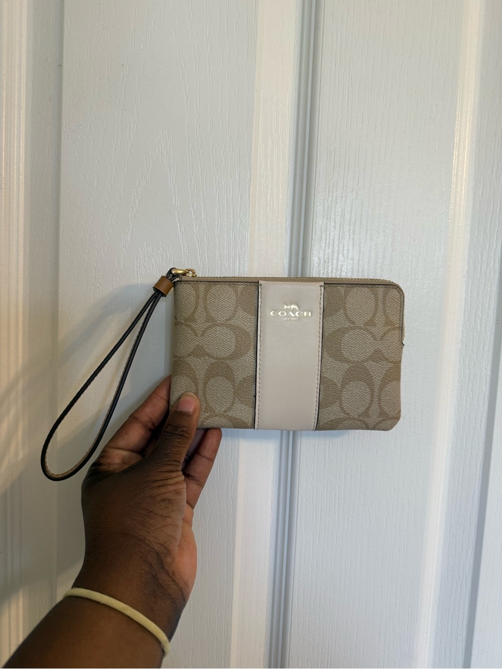 Coach Beige Signature Canvas Wristlet with Chalk Stripe